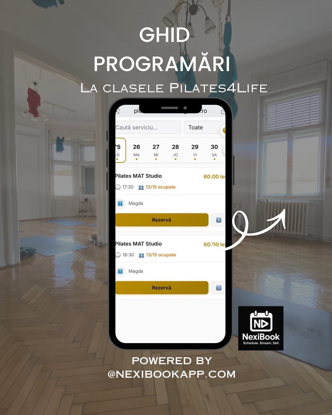 Ghid programări la clasele Pilates4Life — calendar cu clase Pilates MAT Studio și buton Rezervă