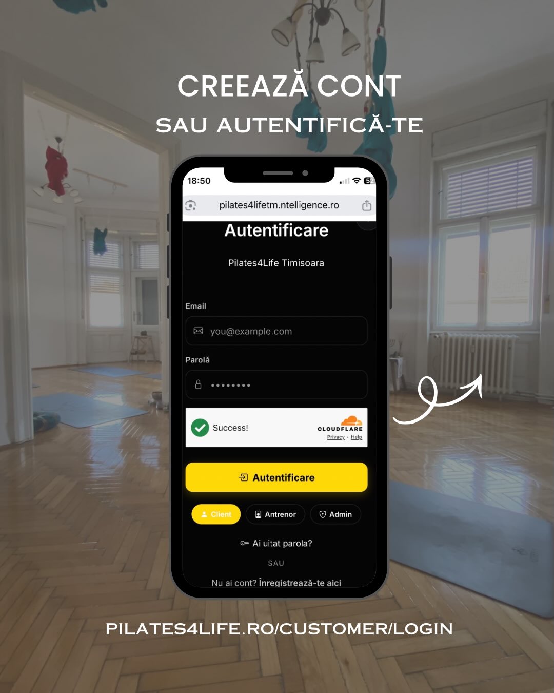 Creează cont sau autentifică-te — ecranul de autentificare Pilates4Life