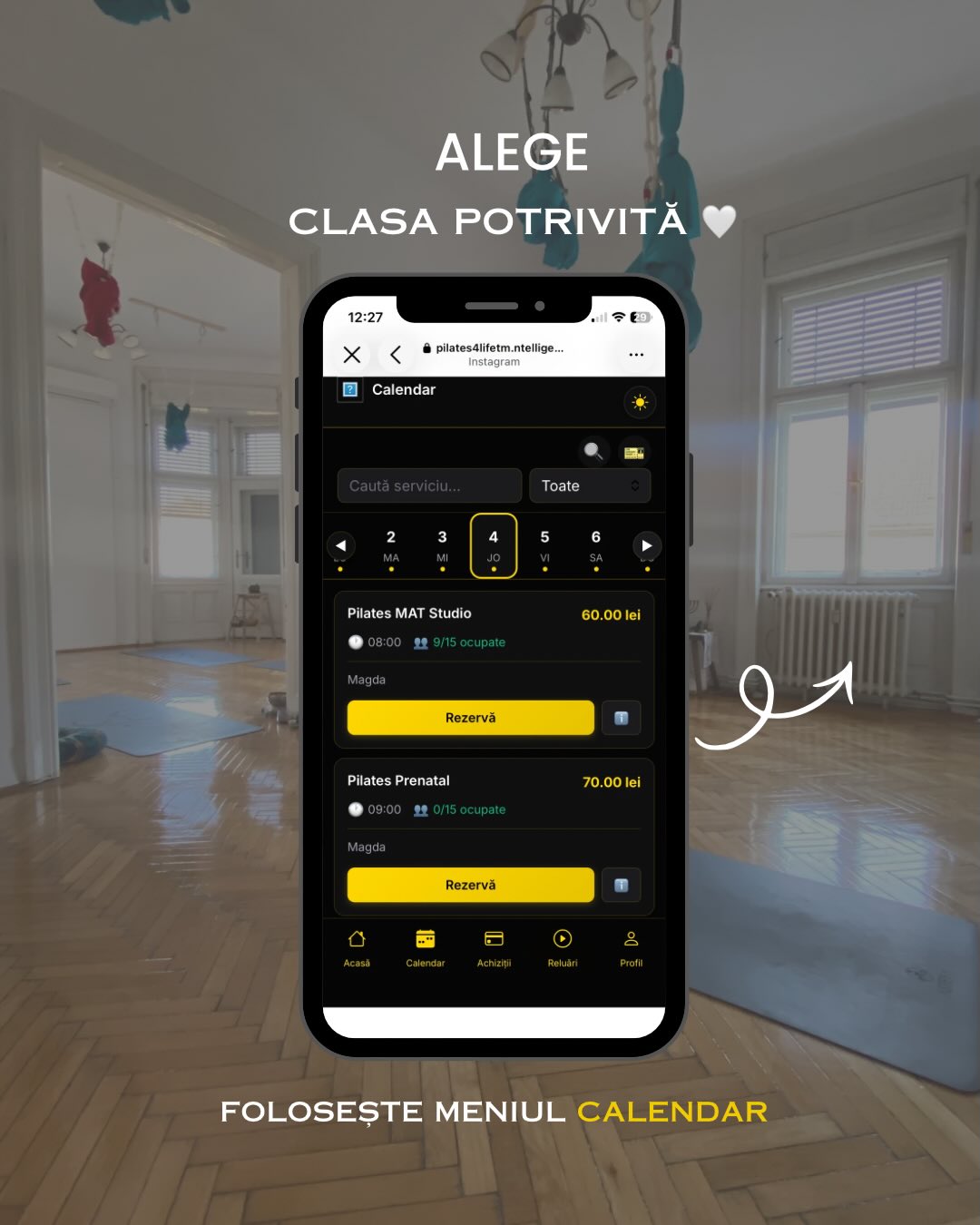 Alege clasa potrivită — meniul Calendar cu clasele disponibile