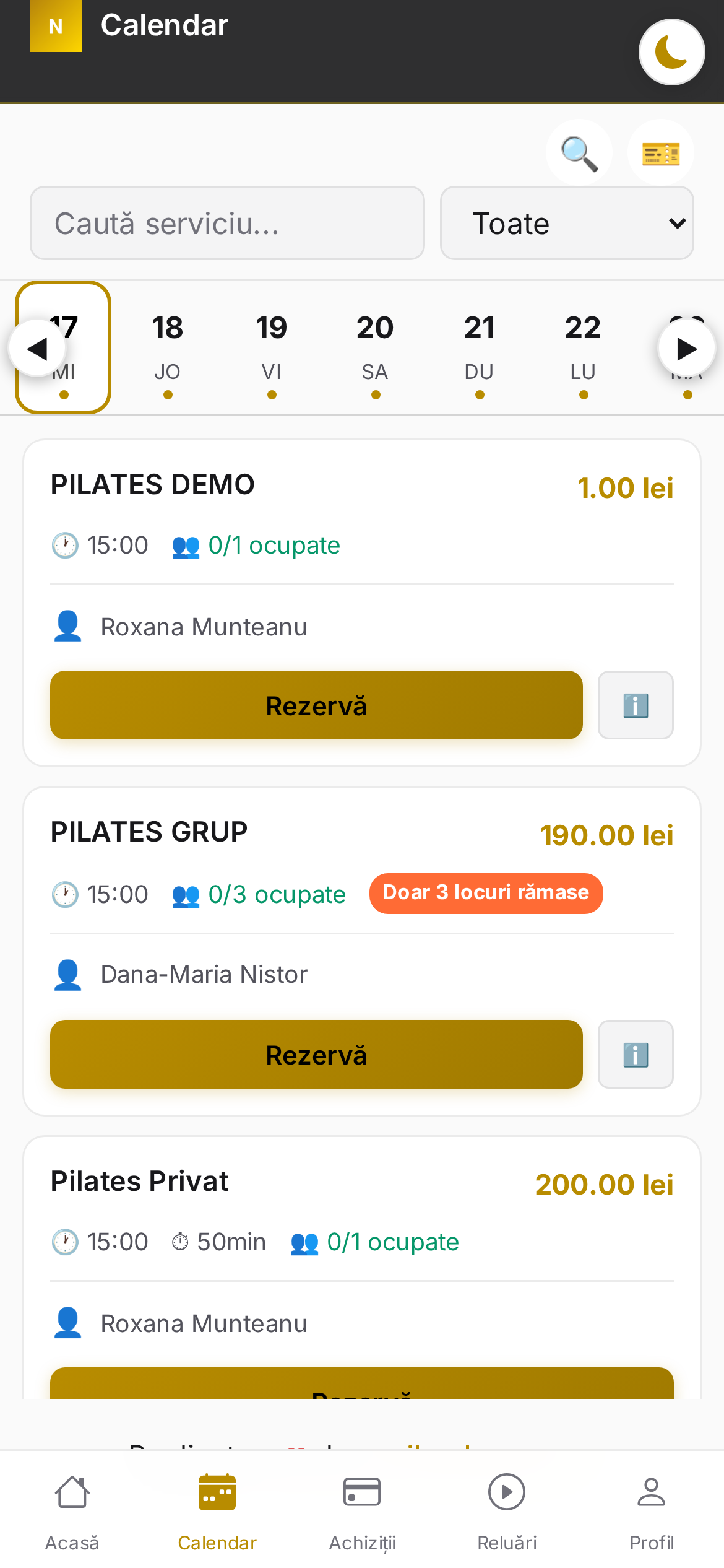 Aplicația de client NexiBook — rezervare clasă cu locuri disponibile