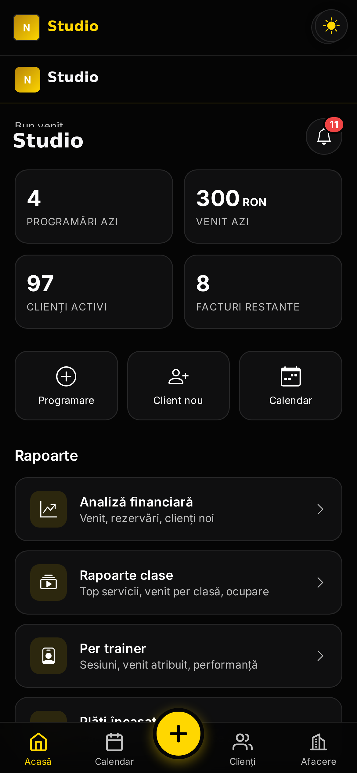 Aplicația de studio NexiBook — dashboard cu programări, venit și clienți activi