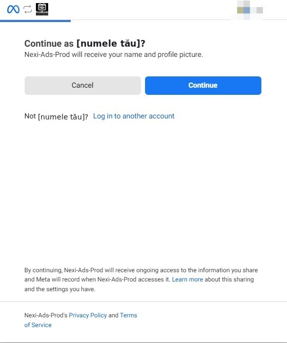Ecranul Meta care întreabă cu ce cont continui