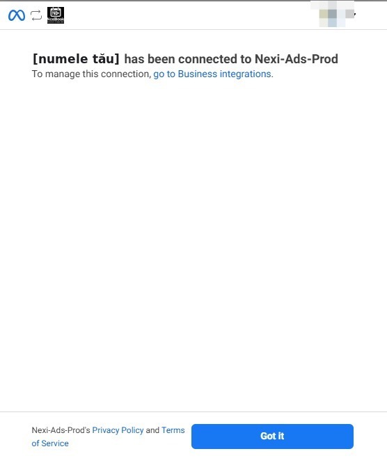 Ecranul Meta care confirmă conectarea