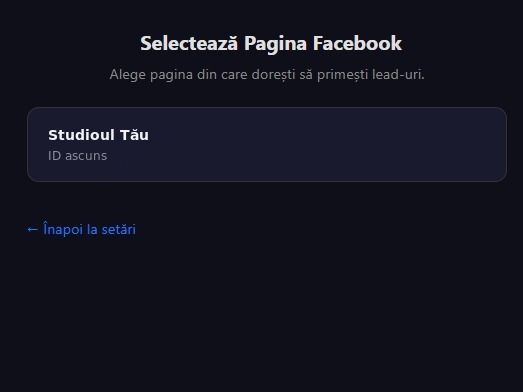 Ecranul din NexiBook: Selectează Pagina Facebook
