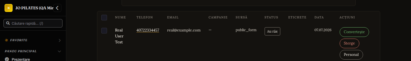 Un lead real, venit din reclame: în coloana Campanie se vede din ce reclamă a intrat. Numele, telefonul și emailul clientei sunt acoperite intenționat.