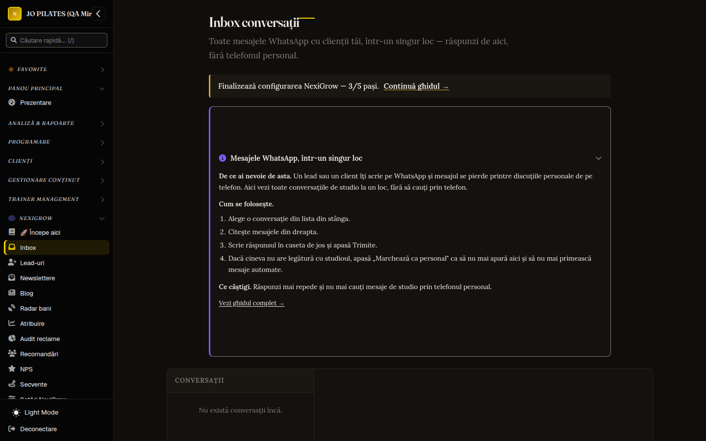 Inbox-ul NexiGrow, cu toate conversațiile de WhatsApp la un loc