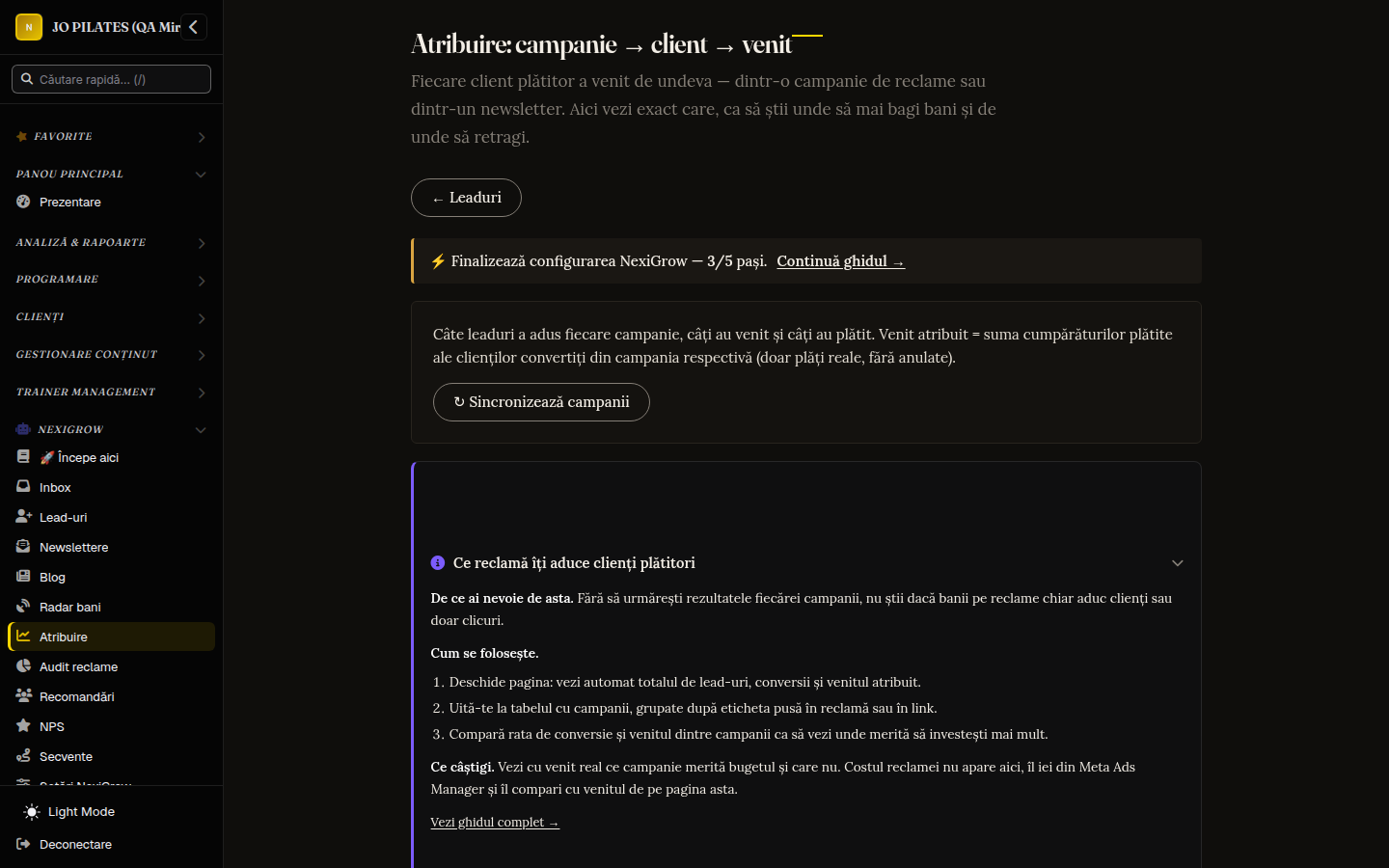 Tabloul de atribuire: ce reclamă a adus fiecare client și cât ai încasat