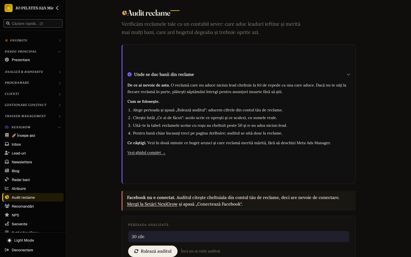 Auditul de reclame într-un cont real de studio: scor 96 din 100, ce merge bine și ce e de verificat. Sumele și costul pe lead sunt acoperite intenționat.